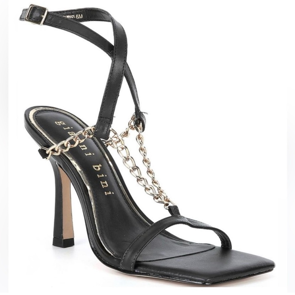 Gianni Bini Lukkah Black Strappy Heels with Gold Chain